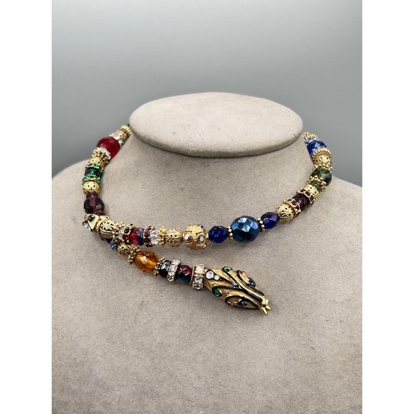 Snake Necklace Memory Wire Signed SWEET ROMANCE Beaded Serpent Choker One Size - Picture 9 of 12